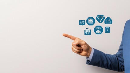 Fototapeta premium A hand points towards digital icons representing various services and industries, suggesting a focus on technology and innovation in a professional context.