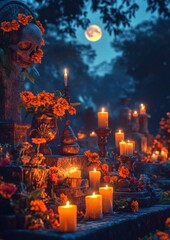 Obraz premium Moonlit Dia de los Muertos Graveyard Candlelit Serenity and Cultural Remembrance