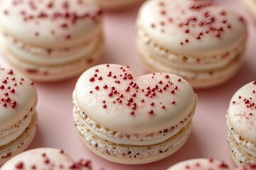 Fototapeta premium A row of heart-shaped macarons with red sprinkles on top