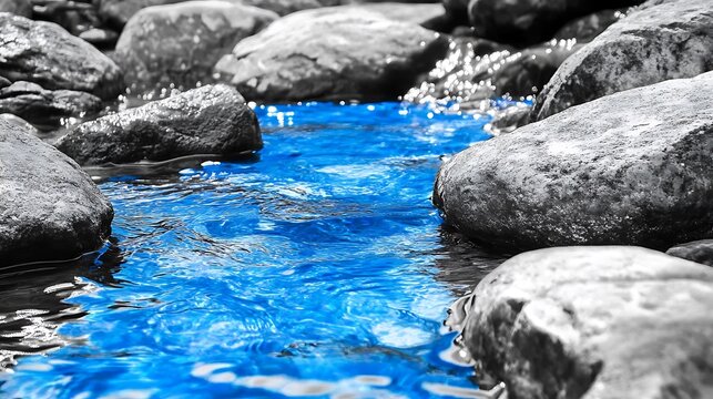 Close-up of a blue crystal clear stream running through grayscale rocks and mountainous terrain, color splash on the water