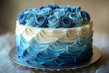 A cake with blue frosting and white frosting with blue roses on it