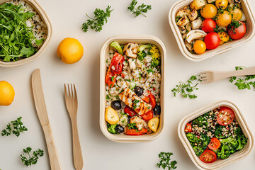 Eco-friendly meal prep containers filled with nutritious chicken, rice, and colorful vegetables, accompanied by wooden cutlery, embody a sustainable and healthy lifestyle