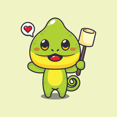 Chameleon eating marshmallow cartoon vector illustration