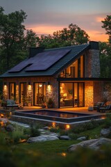 Obraz premium Sustainable Modern Home at Sunset - Eco-Friendly Living for Earth Day and World Environment Day