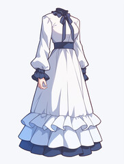Elegant Vintage White Dress with Blue Bow and Ruffles Illustration