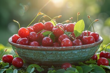 A bowl of red cherries with green leaves on top