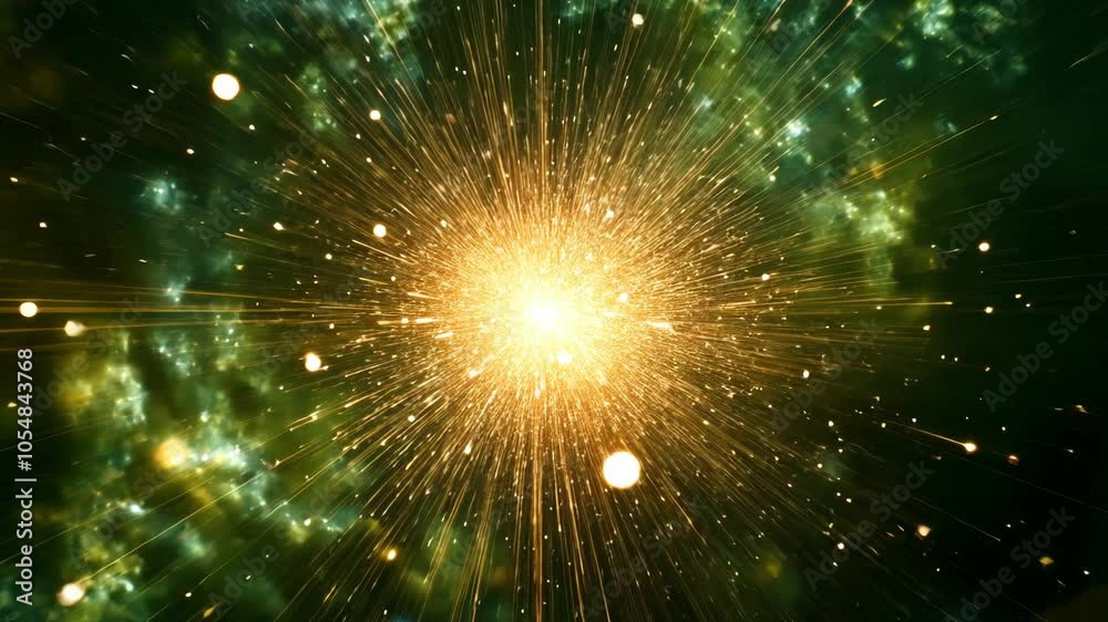 Wall mural a bright, golden light explodes in a burst of energy against a dark, green nebula, with tiny stars s
