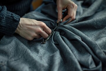 Fototapeta premium A person is cutting a piece of fabric with scissors