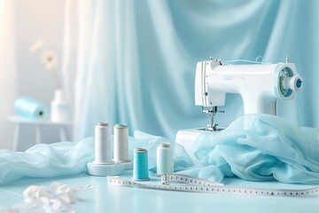A sewing machine sits on a table with a blue curtain behind it