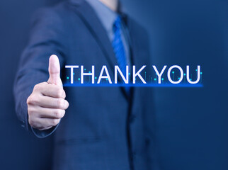 Businessman using laptop and showing thank you message on display. Concept of congratulation, appreciation. Presentation from digital technology. Thank you in business and gratitude.