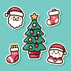 Cute Christmas Stickers with Santa, Christmas Tree, and Stockings