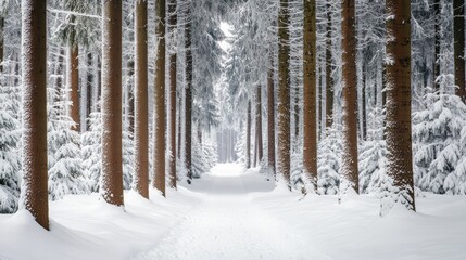 Snow-covered forest path with tall trees in winter