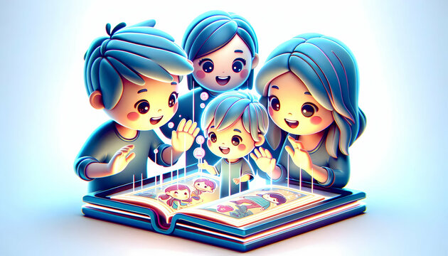 3D Close-Up Family Faces Holographic Interactive Storybook Display Macro Shot Family Excitement Joy Connection Tech-Enhanced Storytelling Experiences