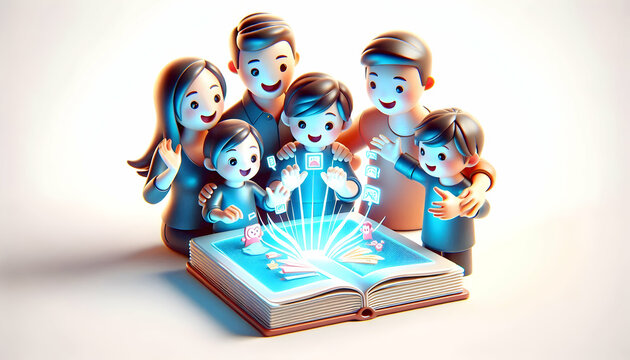 3D Close Up Family Faces Holographic Interactive Storybook Display Macro Shot Expressions Engagement Excitement Joy Connection Lively Family Dynamics Tech Enhanced Storytelling Experience Icon White B