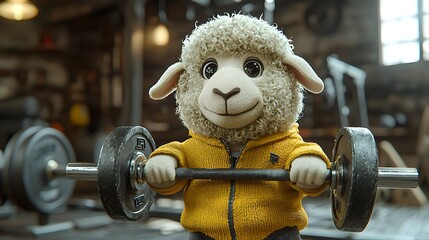 A determined 3D cartoon sheep athlete in a weightlifting outfit is lifting a heavy barbell with intense focus and effort in a well equipped gym setting
