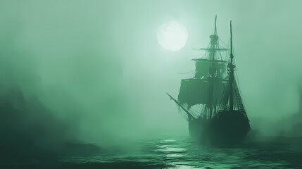 Haunted ghost ship sailing through a foggy green sea. Ghost Ship. Illustration
