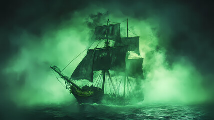 Fototapeta premium Haunted ghost ship sailing through a foggy green sea. Ghost Ship. Illustration