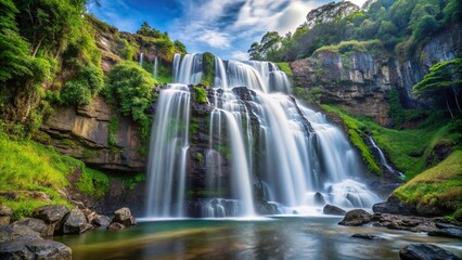 Waterfall cascade down steep cliff with wide-angle perspective