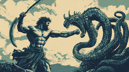 Fototapeta premium Hercules fighting a hydra, generative ai. Hydra in Combat. Illustration