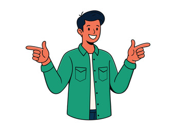A man in a shirt stands pointing his finger at an empty white space. Hand drawn style vector design illustrations.
