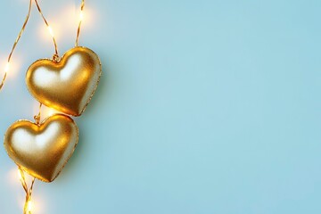 Two golden hearts with luminous garland on light blue background. Selective focus. Valentines day card. Closeup. Valentine's day concept. Banner. with generative ai