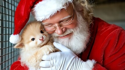 Santa Claus Holding Adorable Kitten for Christmas