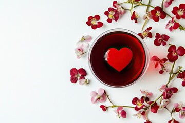 Valentine's day festive cocktail with flowers red heart on a festive white background with generative ai