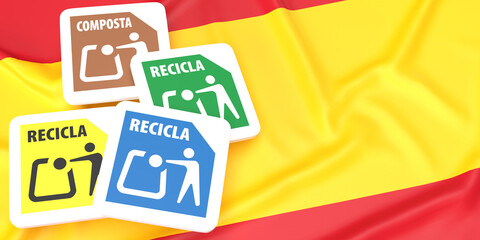 New spanish recycling symbols mandatory for product Packaging with spanish flag in Background