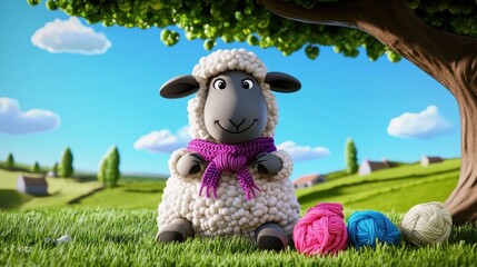 Cute Cartoon Sheep with Yarn in a Sunny Landscape