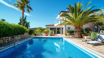 Fototapeta premium A private pool close to an opulent mansion. sunny summer getaway.