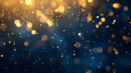 Elegant festive abstract background with dark blue and gold particles, christmas golden light bokeh on navy blue, luxurious gold foil texture, sparkling holiday theme, shimmering shine effects
