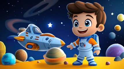 Naklejka premium Cute Astronaut Boy in Colorful Space Landscape