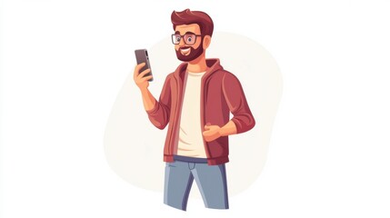 Obraz premium Man using smartphone facial ID, standing and holding the phone close to his face, cartoon vector style