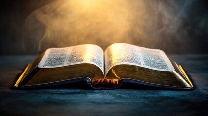Open holy bible on dark background with smoke. Selective focus.