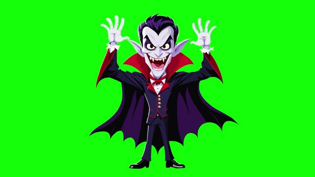 Animated character of a helloween vampire drakula who greets the viewer and waves his hand, on a green background chromakey, idea for promotional video, mascot
