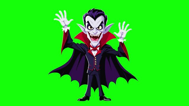 Animated character of a helloween vampire drakula who scary dancing, on a green background chromakey, idea for promotional video, mascot