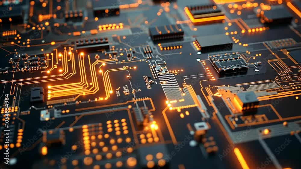 Wall mural a close-up of a circuit board with glowing orange lines, highlighting the intricate pathways of elec