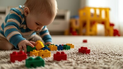 A toddler playing with soft, non-toxic blocks in a clean playroom, ensuring safe playtime, [Safe Toys and Gifts Month], [age-appropriate toys, safe environment], ,