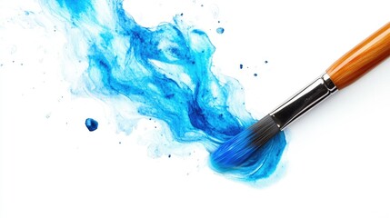 An art brush dipped in water, the liquid gradually turning blue as the paint mixes in. Crisp white background for clean visuals.