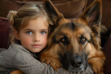 A Tender Portrait of a Young Girl with Light Blonde Hair and Blue Eyes Embracing Her Loyal German Shepherd Dog in a Cozy Indoor Setting