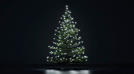 Simple, modern Christmas tree adorned with white lights and silver details, set against a solid black background, emphasizing its sleek, elegant design.