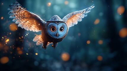 Magical flight of an enigmatic owl illuminated by enchanting sparks in a mysterious forest landscape