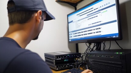 A network configuration setup with a technician adjusting switches and routers, while monitoring a computer screen displaying network settings.