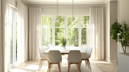 An elegant dining area featuring casual look tab top curtains, beautifully framing the windows while allowing soft light to brighten the space.