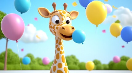 Naklejka premium Joyful Cartoon Giraffe with Colorful Balloons