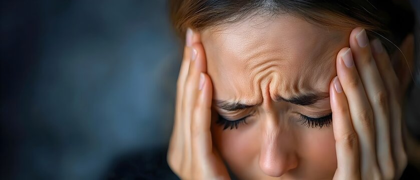 Portrait of a distraught and overwhelmed woman with her hands on her head expressing the anguish and distress of a severe headache and mental strain