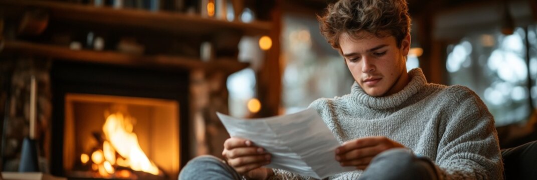 Cozy Winter Reading Teen in Warm Setting Reflecting by Fireplace - Perfect for Christmas and Thanksgiving - Powered by Adobe