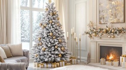 An elegant layout featuring a snowy Christmas tree, adorned with golden ornaments, bringing warmth and joy to any holiday celebration.