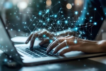 A network troubleshooting technician using specialized software on a laptop to diagnose connectivity issues, with cables and routers in view.