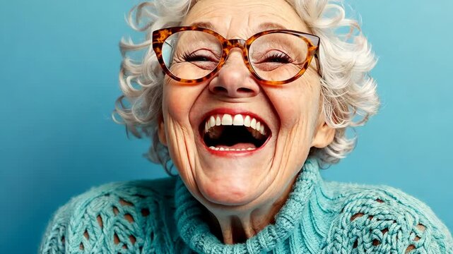 A woman with grey hair and glasses laughs heartily in front of a blue background
